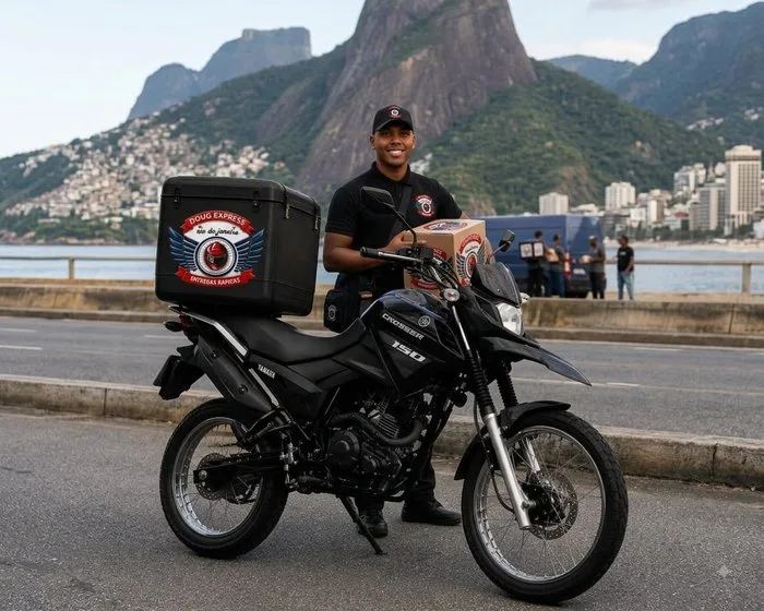Motoboy da Doug Express com a moto, tendo ao fundo o Morro Dois Irmãos no Rio de Janeiro